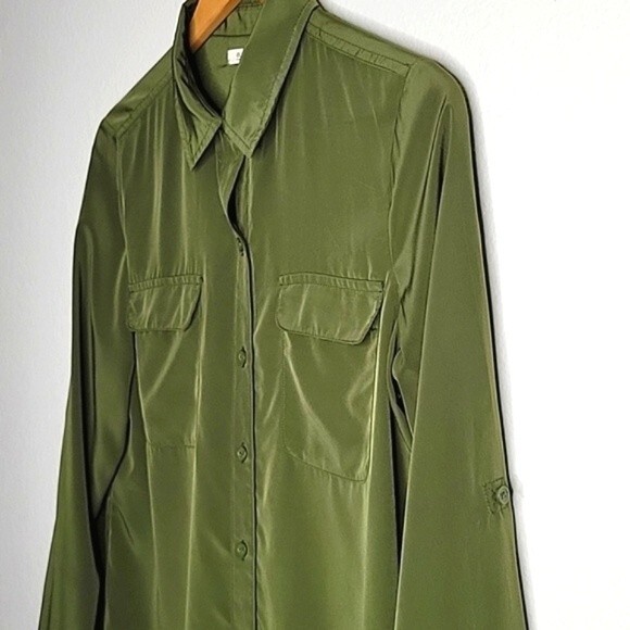 OLD NAVY Green Collared Long Roll Tab Sleeves Button Up Chest Pockets size M - Picture 8 of 16